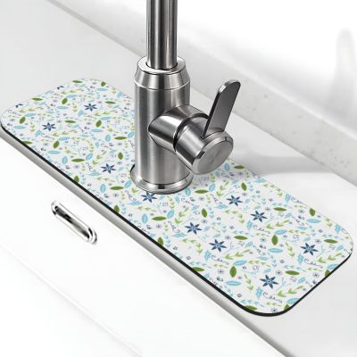 Floral Stone Faucet Mat for Kitchen Sinks, Diatomaceous Earth Absorbent Splash Guard (38.1 x 14 cm)