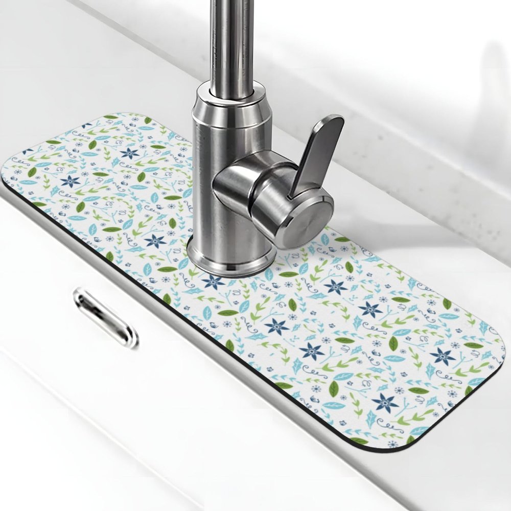 Floral Stone Faucet Mat for Kitchen Sinks, Diatomaceous Earth Absorbent Splash Guard (38.1 x 14 cm)
