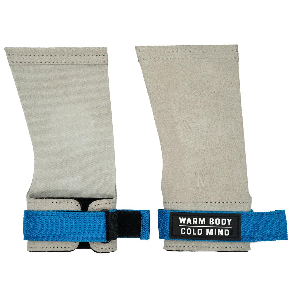 WARM BODY COLD MIND Leather Hand Grips Without Holes for Weightlifting, Powerlifting, Gymnastics, Cross-Training and Pull-Ups, Wrist and Palm Protection (White/Blue, M)