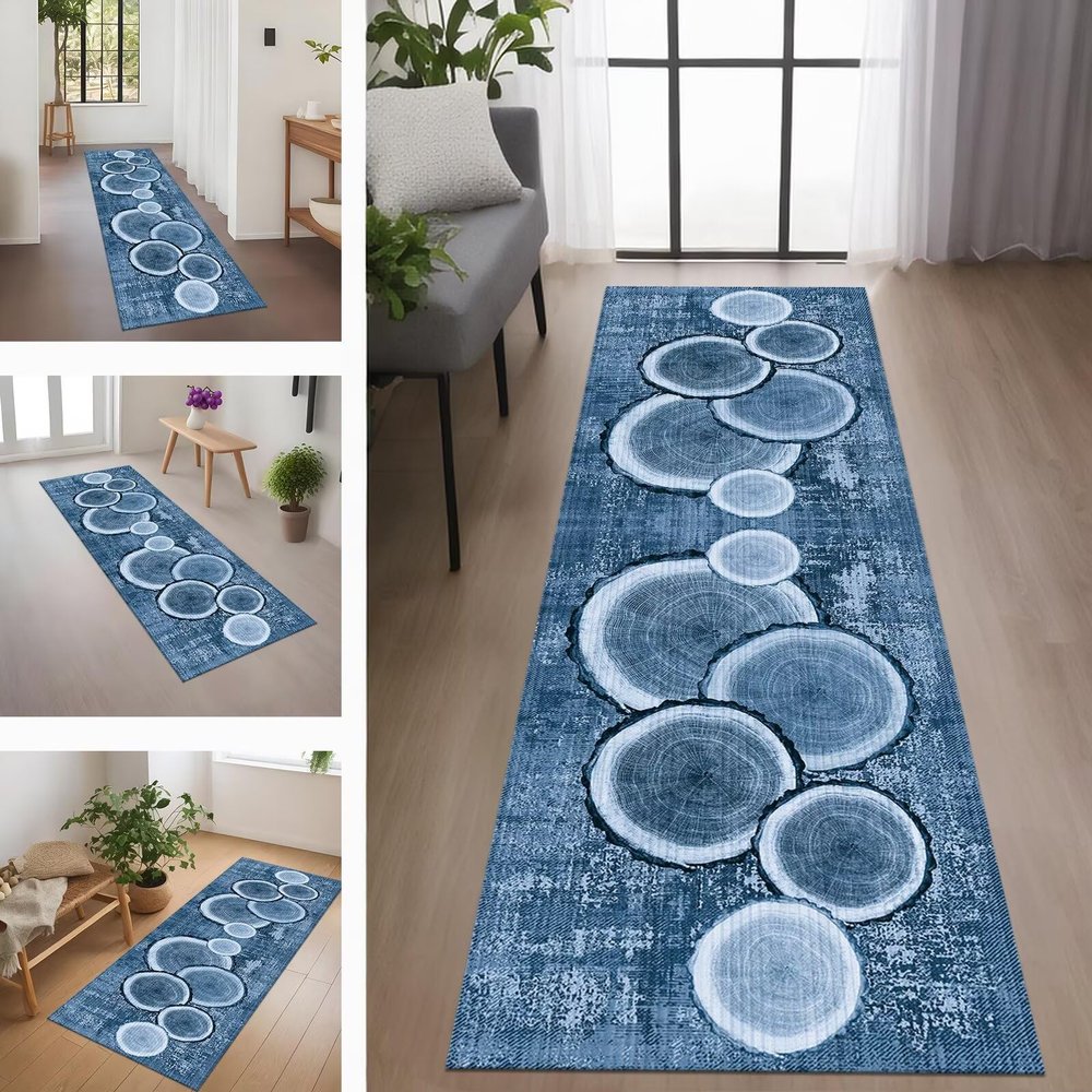Rglxing Hallway Runner Rug, Non-Slip Kitchen Rug, 100 x 300 cm, Washable, Blue/Black