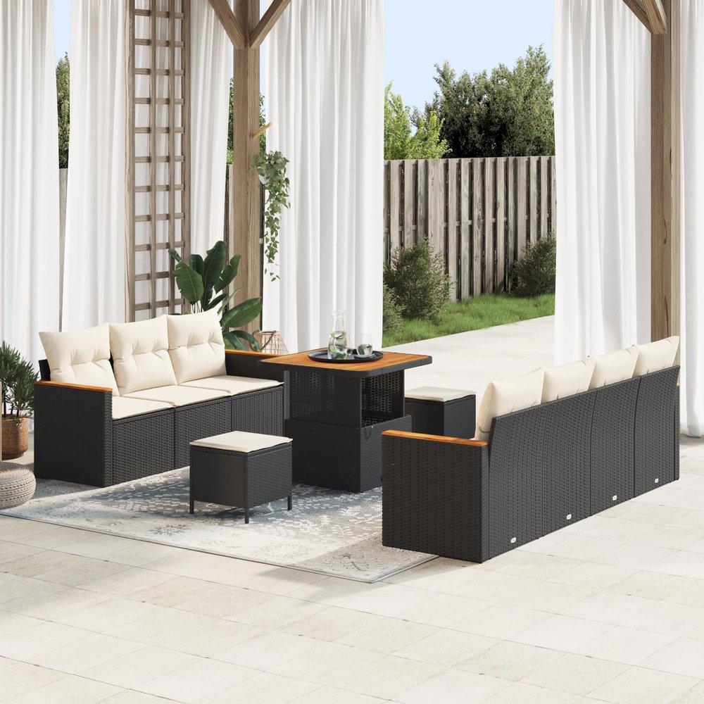 Gecheer 10-Piece Garden Sofa Set with Cushions, Black Poly Rattan and Acacia
