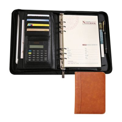 A5 Leather-Zipper Portfolio Folder with Refillable Notepad and Pen Holder, Brown