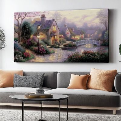 Generic Canvas Wall Art 80 x 50 cm, Dreamy Country House Print, Pink and Yellow, Unframed