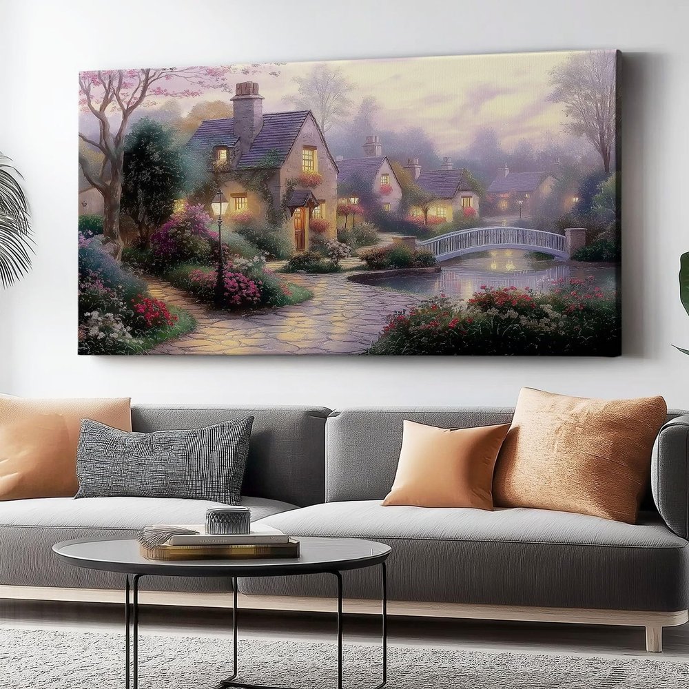 Generic Canvas Wall Art 80 x 50 cm, Dreamy Country House Print, Pink and Yellow, Unframed