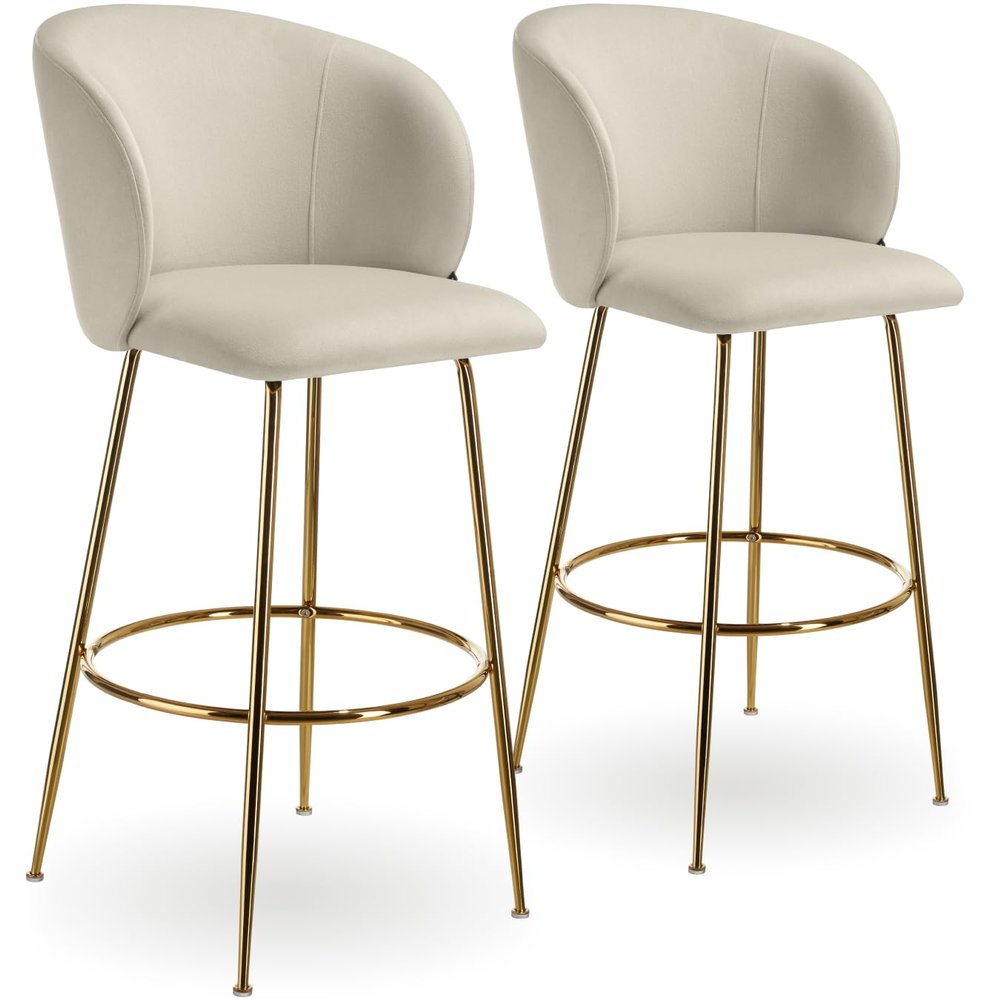 tectake Luana Velvet Bar Stools with Backrest, Cream/Gold, Set of 2