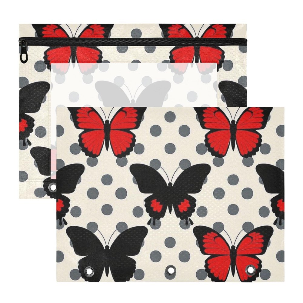 Amooorous 3-Ring Binder Pencil Pouches, 2-Pack, Red, Black, Butterfly