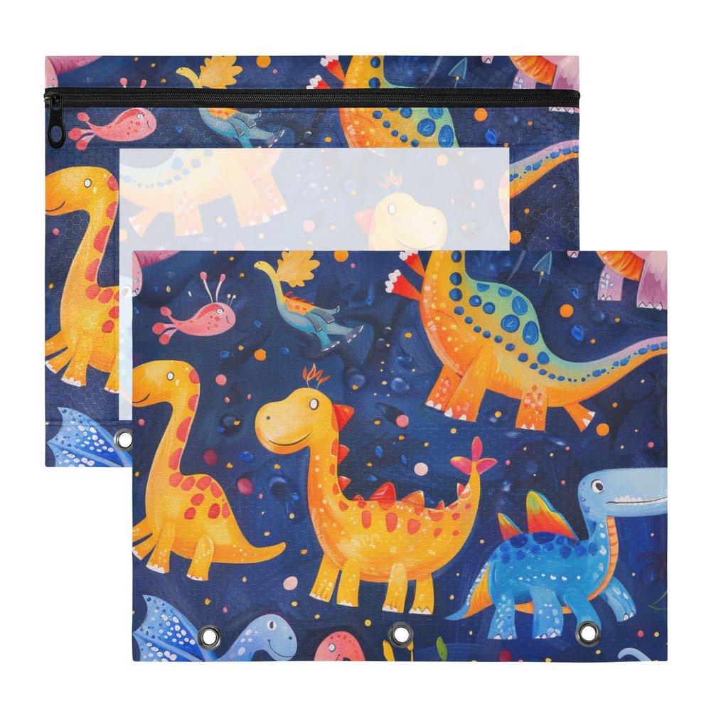 Binder Pencil Pouches, Cute Plastic 3-Ring File Folder, 2-Pack, Cartoon Colorful Dinosaurs