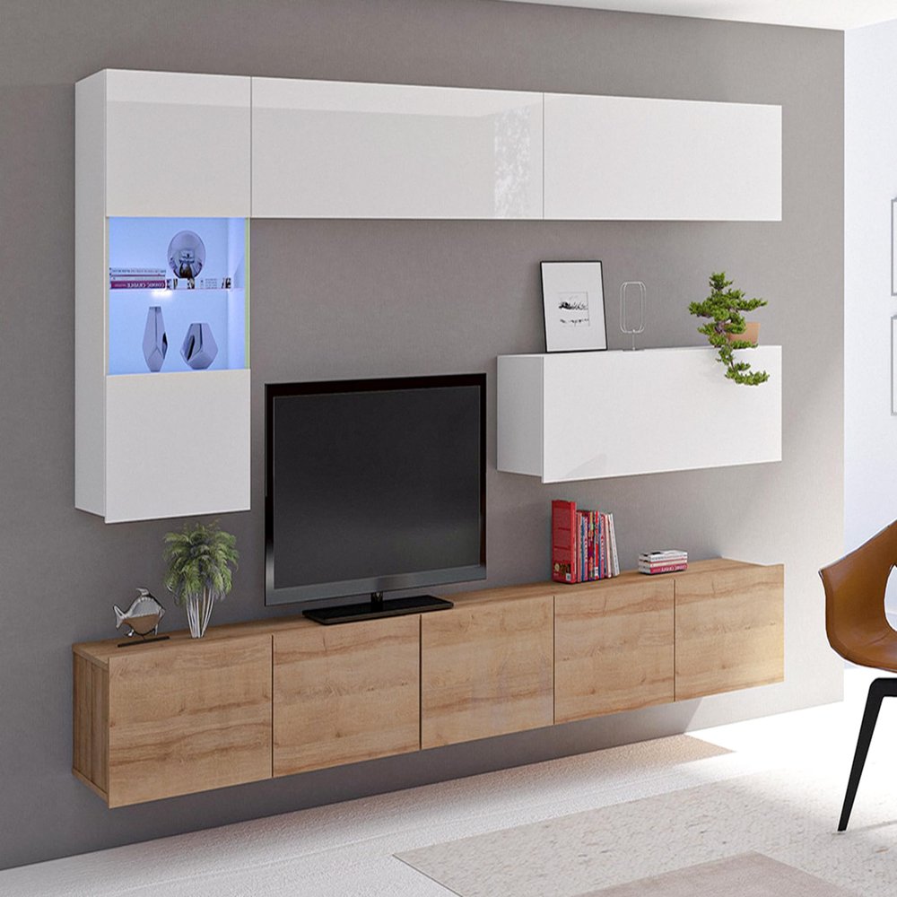 AXLIVING Kossana 4 Living Room Wall Unit, 255 cm Wide, White/Golden Oak