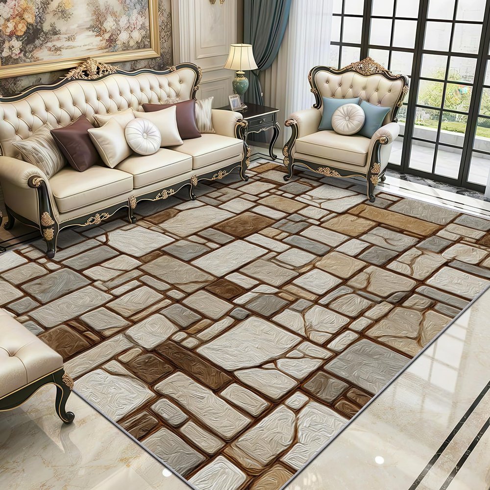 TerroVee Stone Pattern Rug, Brown Beige Gray, 60 x 90 cm