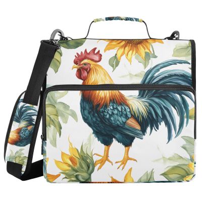Quteprint Zippered Binder Bag with Rooster and Sunflower Design, 3.8 cm 3-Ring Binder, Multiple Pockets, 500-Sheet Capacity, Shoulder Strap and Handles