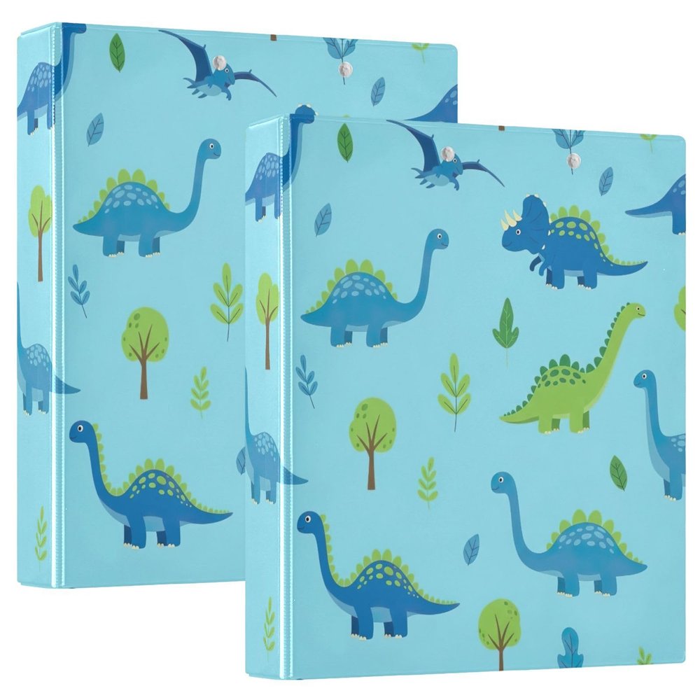 3-Ring Binder with Pockets, Cute Cartoon Dinosaurs, Blue-Green, D-Ring, 2-Pack
