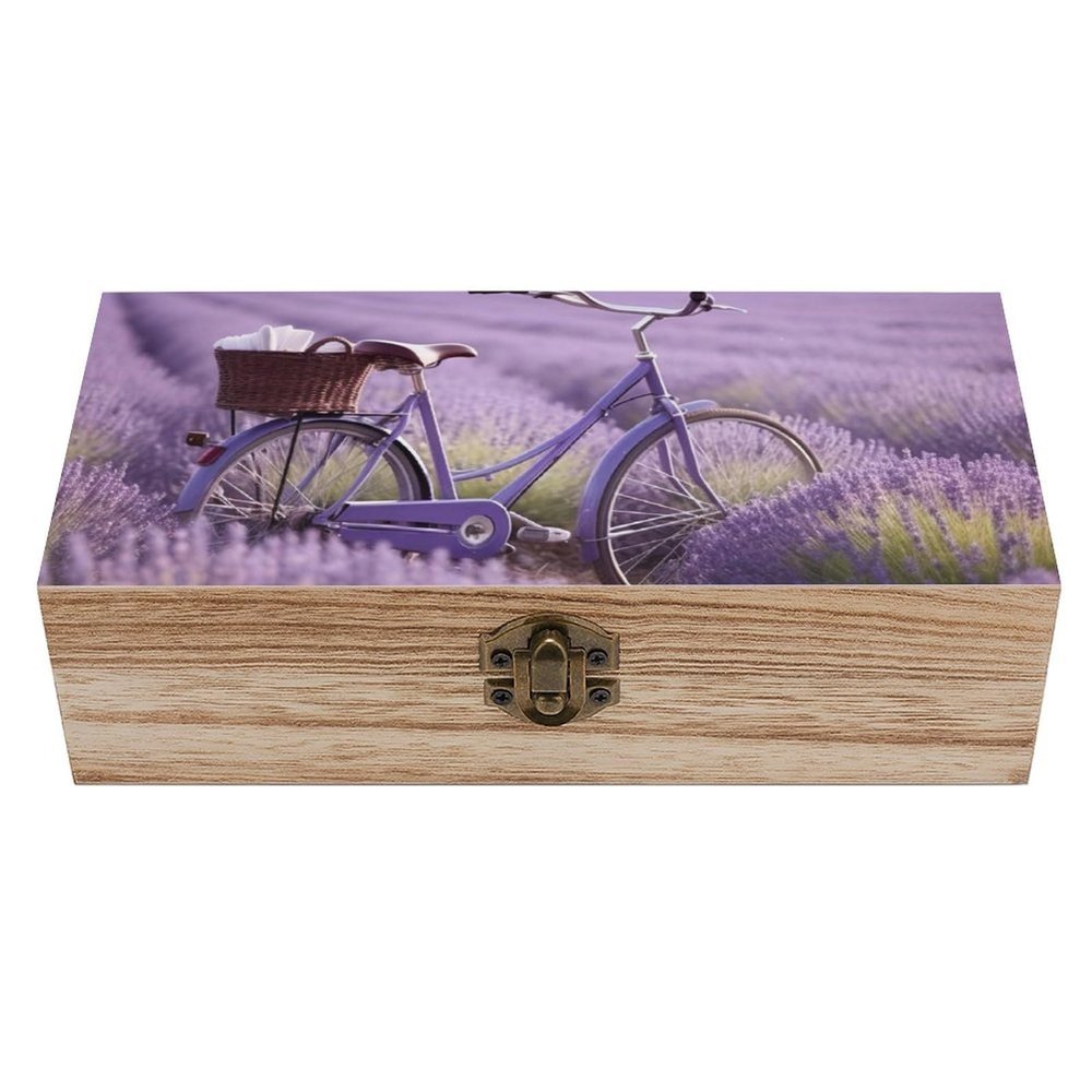SMAZDFXX Lavender Field Bicycle Wooden Storage Box, Acacia Case with Hinged Lid