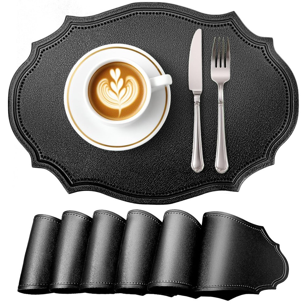 fanquare Set of 6 Black Oval Faux Leather Placemats, Retro, Waterproof, Heat-Resistant, Non-Slip, 43 x 29.5 cm