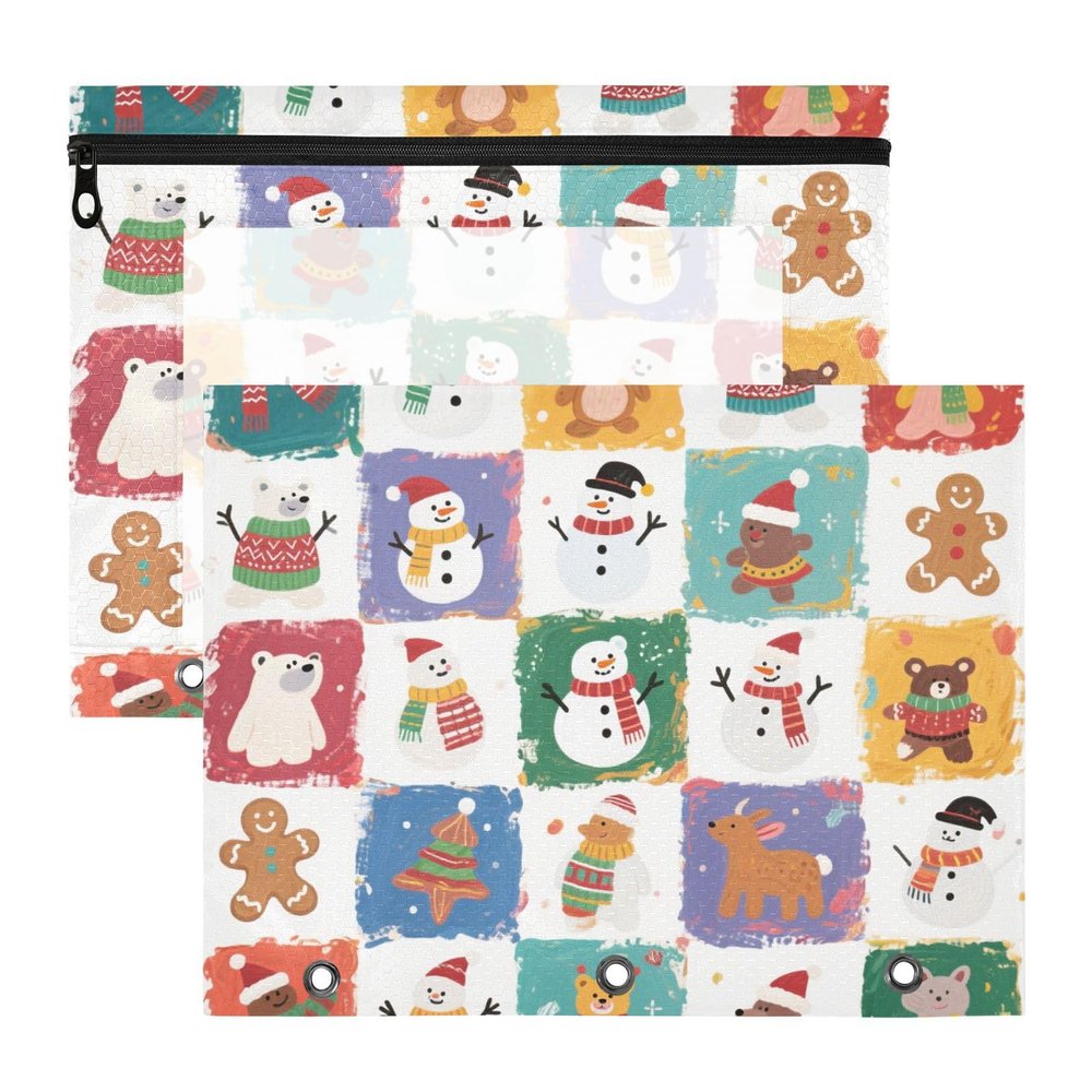 2-Pack Pencil Cases with Smooth Zippers, 3-Ring Binder Pen Holders, White Snowman Plaid