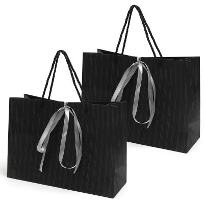 2 Dark Gray Vertical-Stripe Gift Bags with Bows