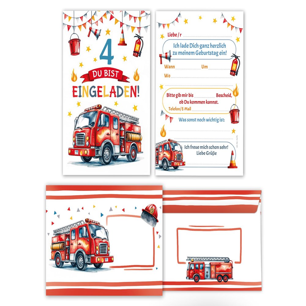 Junaversum 12 Fire Truck Birthday Invitations for Boys with 12 Envelopes