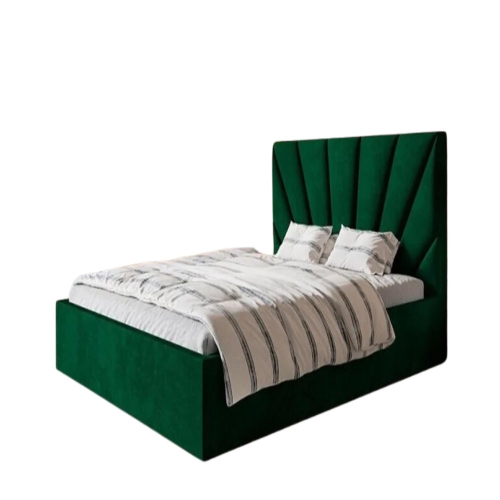 SeproMeble Slim 3 Upholstered Bed with Headboard, 140 x 200 cm, Double Bed with Storage Box and Wooden Slats, Velvet Fabric, Green
