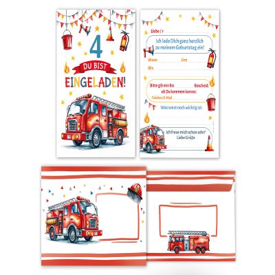 Junaversum Firefighter 4th Birthday Invitations for Boys, 6 Cards with Envelopes