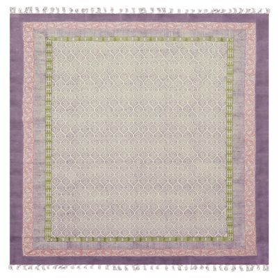 Traditional Handcrafted Cotton Dhurrie Rug, Geometric Washable Flatweave, Purple and Beige, 0.5 cm Thick