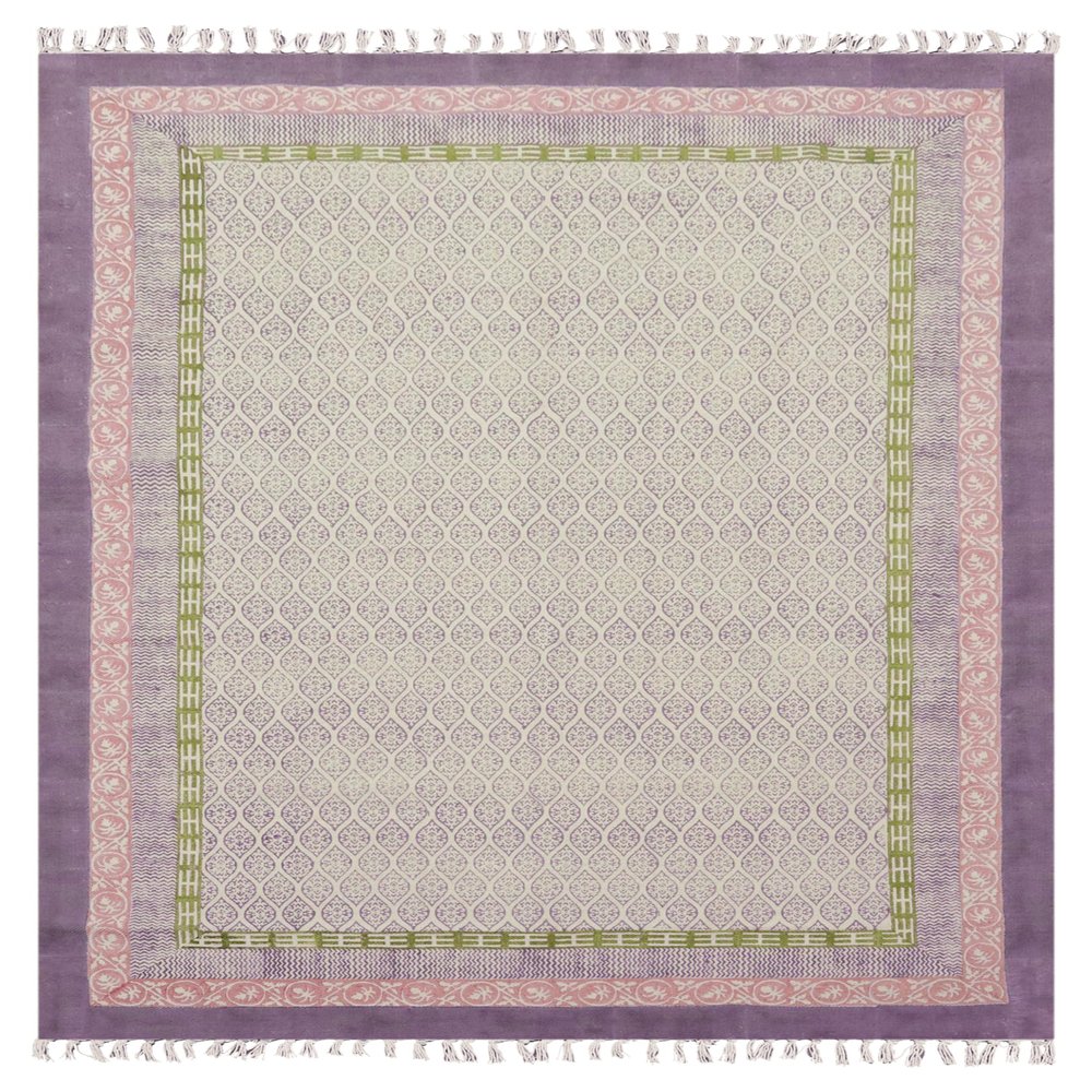 Traditional Handcrafted Cotton Dhurrie Rug, Geometric Washable Flatweave, Purple and Beige, 0.5 cm Thick