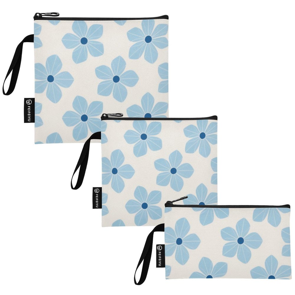 Amooorous Blue Blossoms Reusable Zipper Snack Bags, Portable, for Kids, School, Lunches, and Adults, 3-Pack