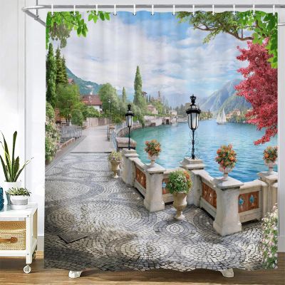 JGGXHM Nordic Retro Street 3D Flower Landscape Shower Curtain, 182 x 214 cm