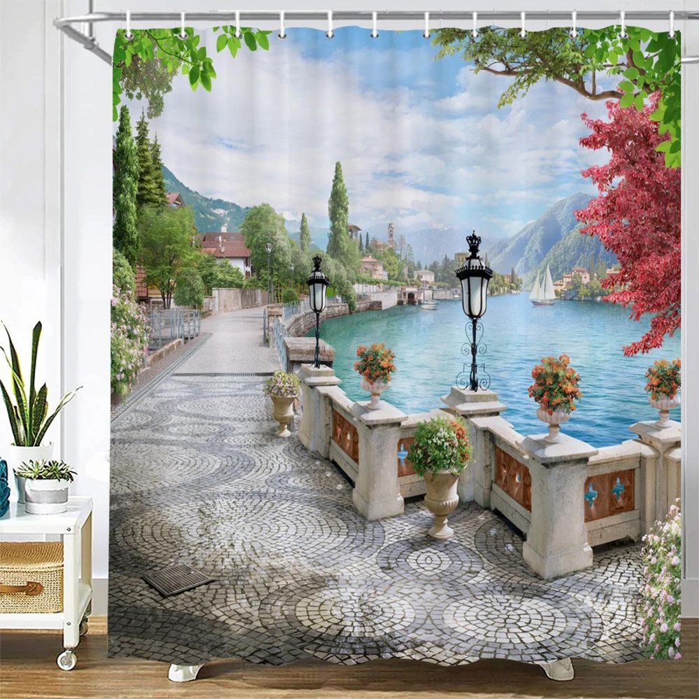 JGGXHM Nordic Retro Street 3D Flower Landscape Shower Curtain, 182 x 214 cm