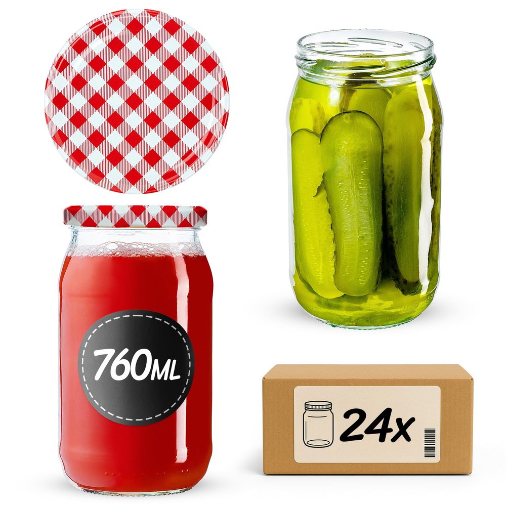 KADAX 24-Piece Canning Jar Set, 760 ml, TO82, Red Checkered Lids