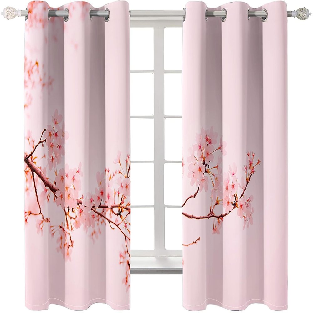Homxi 2-Pack Pink Floral Branch Grommet Curtains, 2 x 96W x 229H cm