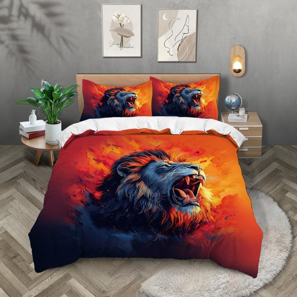 TKCQX Lion Flame Duvet Cover Set, 200 x 200 cm, with 2 Pillowcases