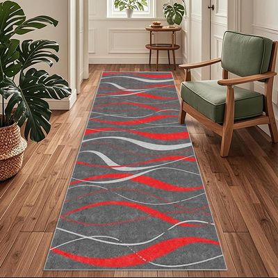Extra-Long Runner Rug 110 x 200 cm, Modern Vintage Gray and Red