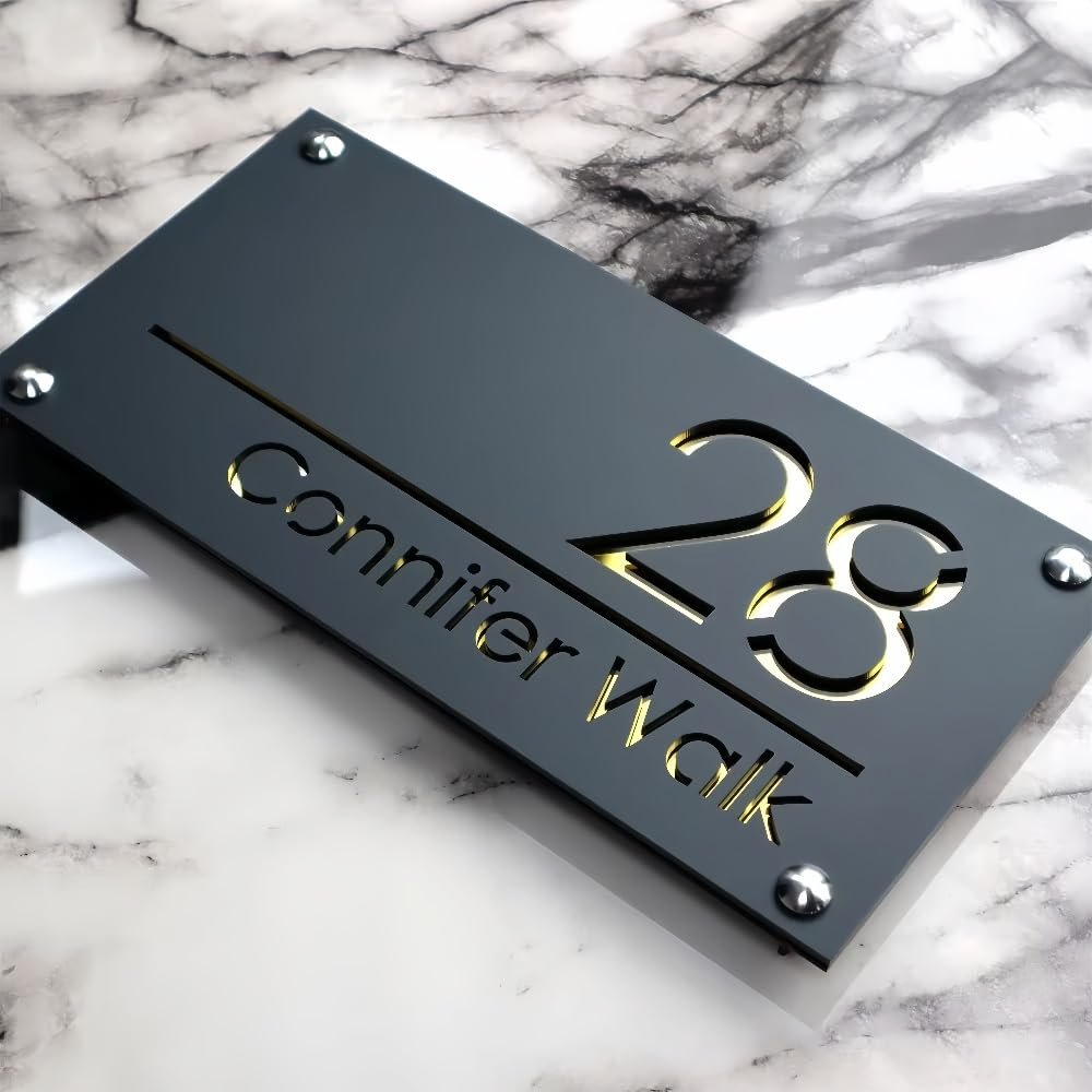 HDLOVE Personalized Acrylic Address Sign, Custom Door Number, Outdoor Waterproof Door Sign (Matte Gray + Gold Mirror)
