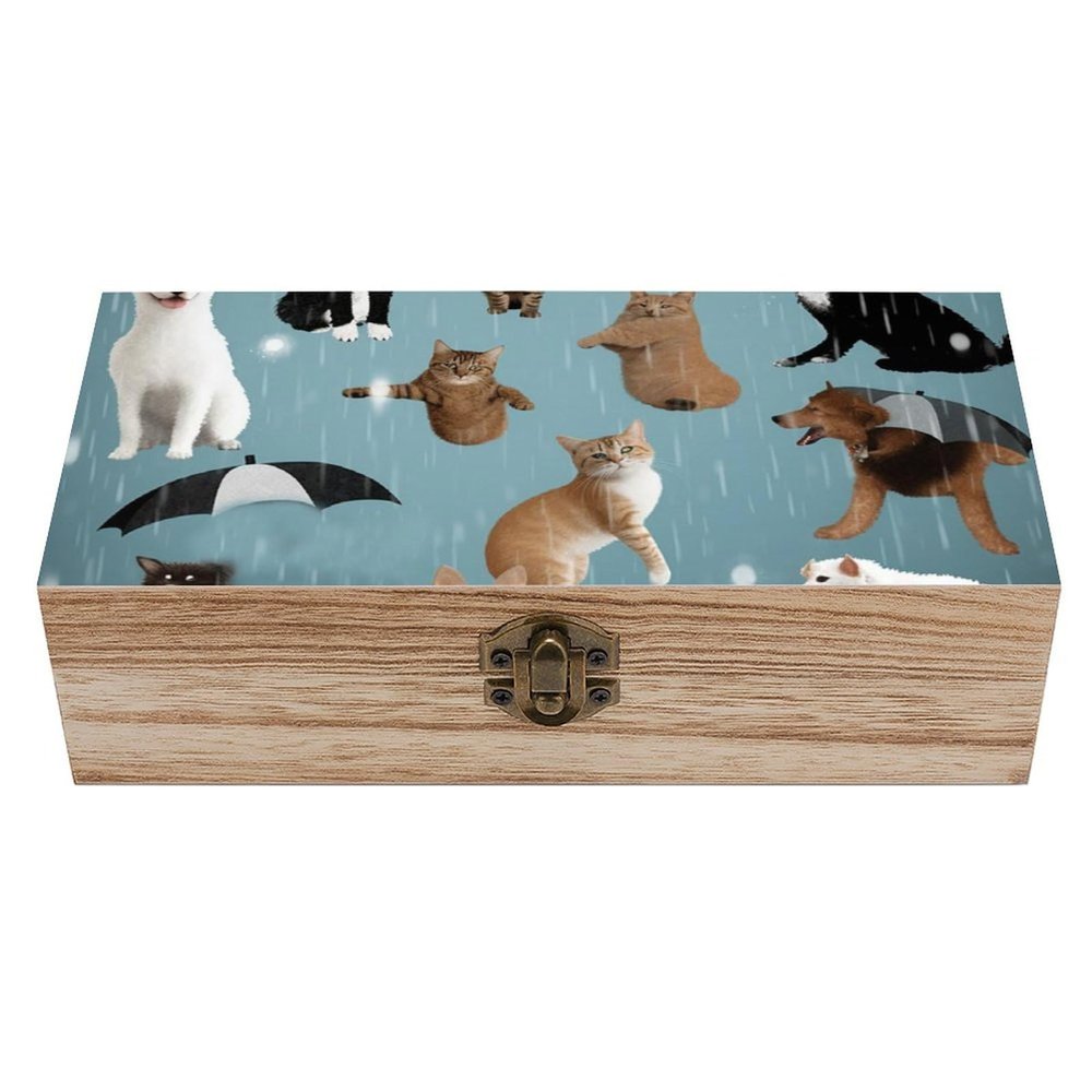 SMAZDFXX Wooden Storage Box with Lid, Keepsake and Jewelry Organizer, Raining Cats & Dogs