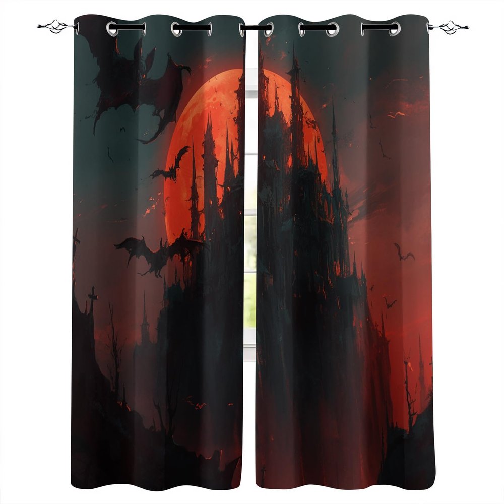Blackout Curtains 104.3 x 95.3 in, 3D Halloween Bats and Castle Print, 2 Panels