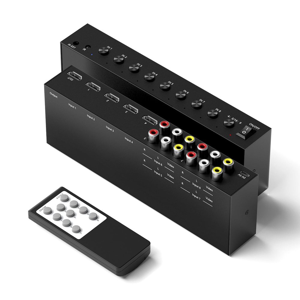 Y.D.F 4-Port HDMI 2.0 Switcher + 4-Port RCA-to-HDMI Converter, 2-in-1 AV Switch with 4:3/16:9 Support
