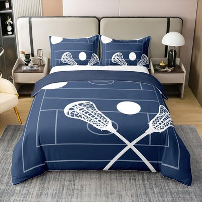 Homemissing Boys' Lacrosse 100% Cotton Bedding Set, 200 x 200 cm, Navy Blue Sports-Themed Duvet Cover for Kids' Rooms