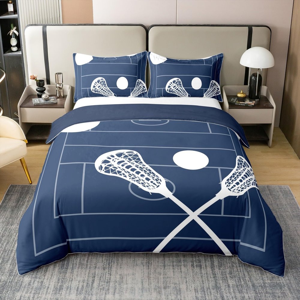 Homemissing Boys' Lacrosse 100% Cotton Bedding Set, 200 x 200 cm, Navy Blue Sports-Themed Duvet Cover for Kids' Rooms