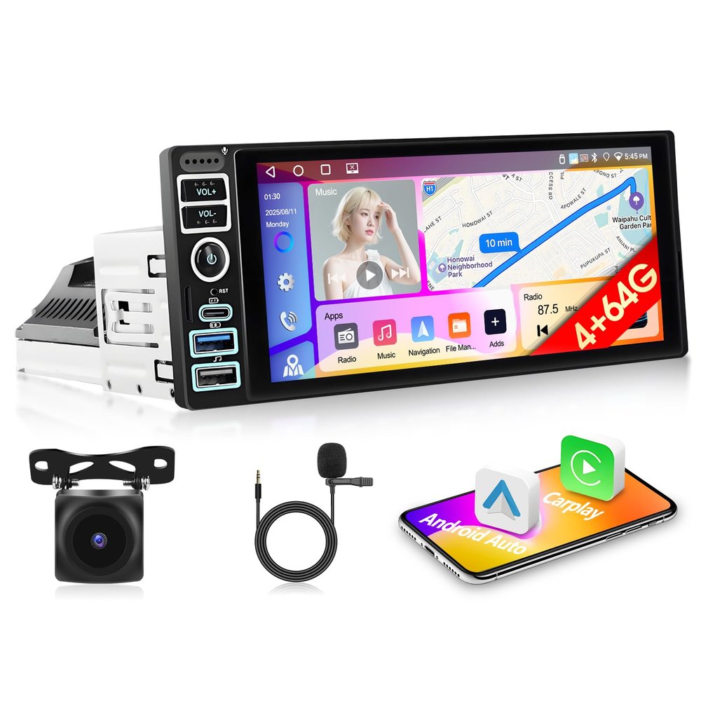 Motorsi 4+64G 2-DIN Car Stereo with Wireless Apple CarPlay, Android Auto, 6.9" IPS Touchscreen, Bluetooth 5.0, GPS, Wi-Fi, EQ, FM, AHD Backup Camera and Microphone