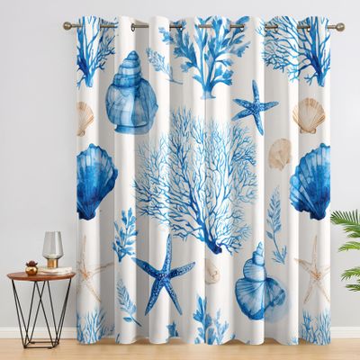 Nautical Coastal Curtains for Living Room or Bedroom, Blue Coral Starfish and Shells, Blackout Thermal Curtains, 2-Piece Set, 300 x 140 cm