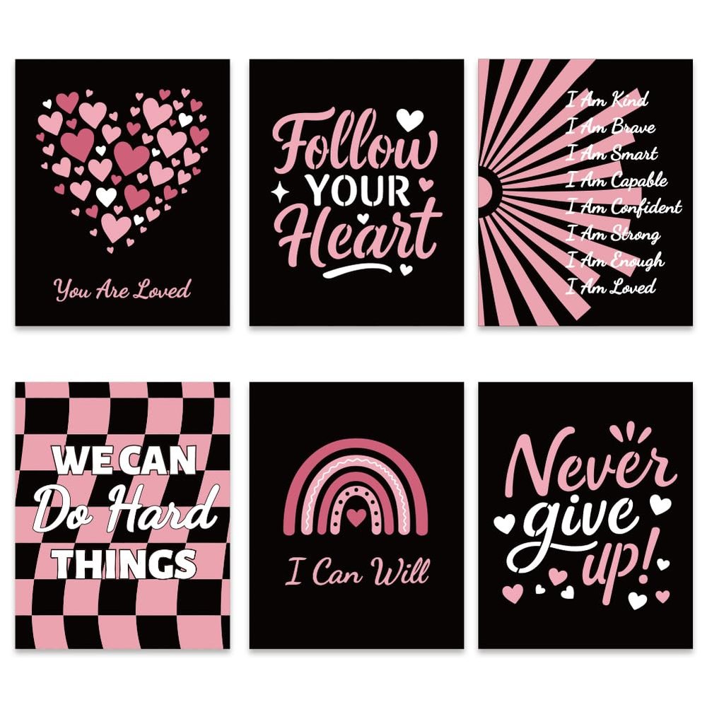 GOMAKERER 6-Piece Black and Pink Quote Poster Set