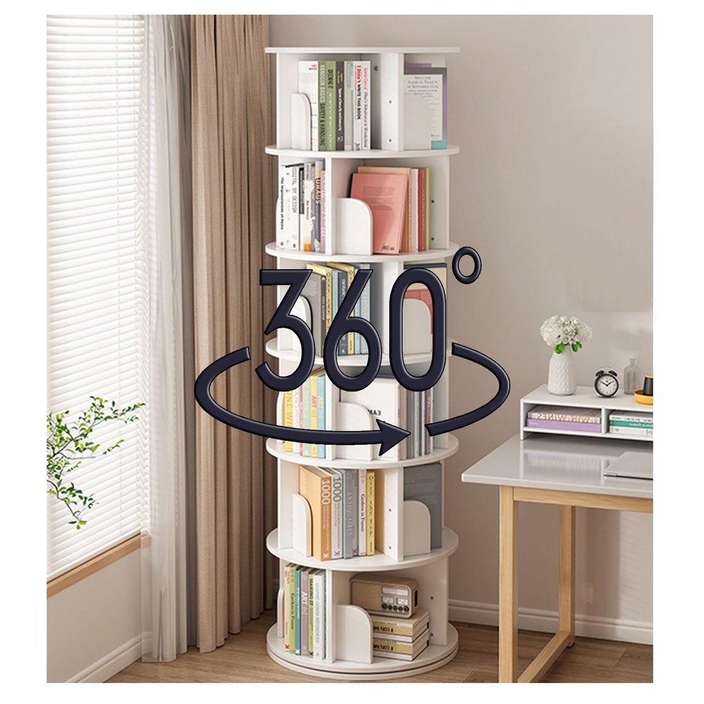 DUANHOZ Modern Rotating Bookshelf with Large Storage, White