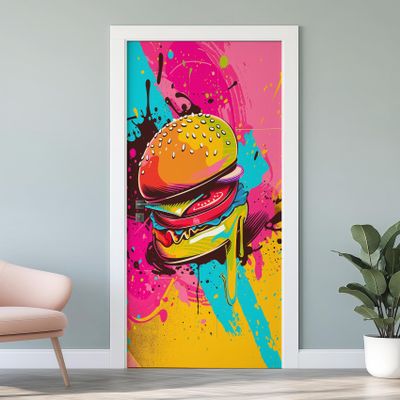 Burger 3D Door Film, Cheeseburger Graffiti Wall Mural, Self-Adhesive PVC Removable Door Wallpaper, 85 x 215 cm