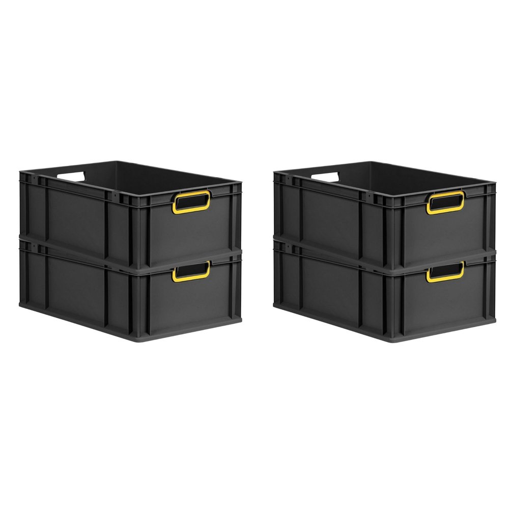 PROREGAL SuperSaver Set of 4 Eurobox NextGen Color | HxWxD 22x40x60 cm | 44 L | Yellow Open Handles | Reinforced Base | Black