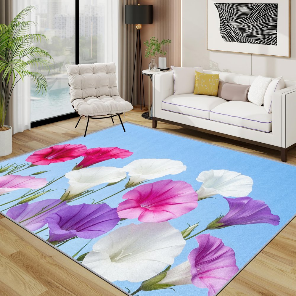 TerroVee Floral Washable Rug, Colorful Botanical Rug 80 x 150 cm, Light Blue, Non-Slip, Easy-Care, Blue Pink Purple