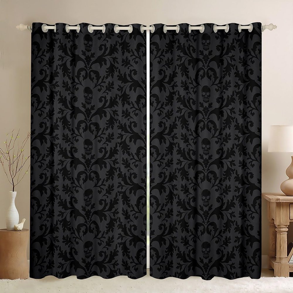 Homemissing Black Damask Gothic Skull Curtains, 2 Panels, 175 x 140 cm