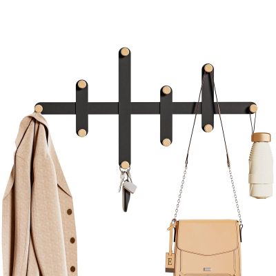 LOFTPLUS Wall-Mounted Coat Rack, Black Metal, 10 Wooden Hooks