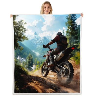 Homemissing Kids Dirt Bike Throw Blanket, Extreme Sports, 220 x 240 cm, Green and Blue