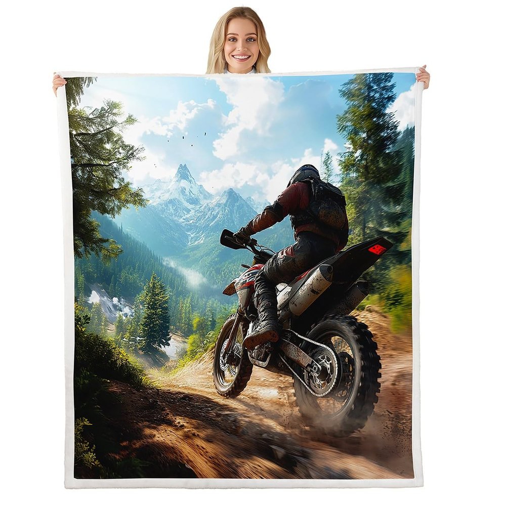 Homemissing Kids Dirt Bike Throw Blanket, Extreme Sports, 220 x 240 cm, Green and Blue