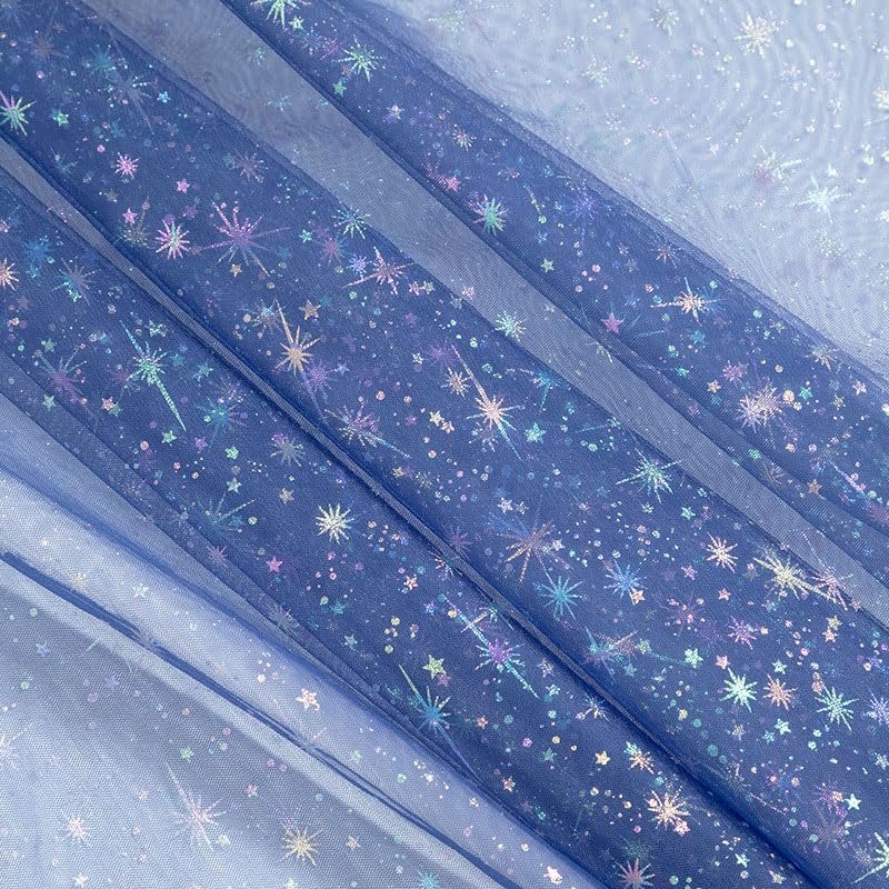 1.5m x 1m Glitter Star Tulle Mesh Fabric Black (Blue)