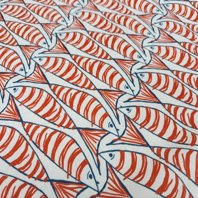Orange Sardine Fish Fabric, Navy and White Digital Print, 140 cm Wide, Sold by the Meter